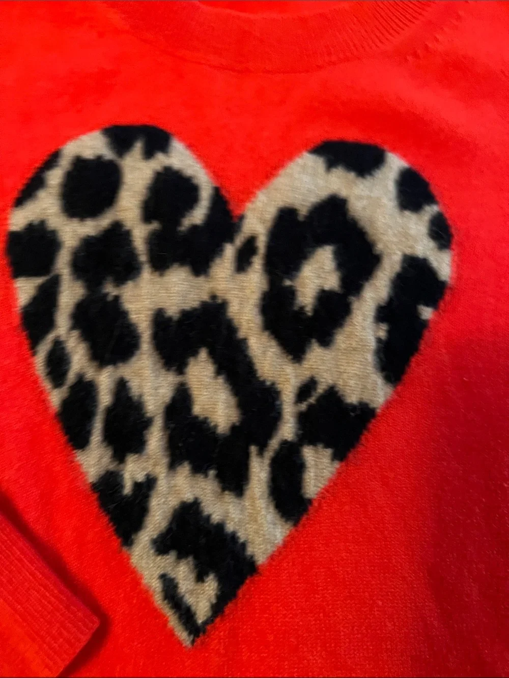 J. Crew Poppy Red Crewneck Cashmere Sweater with Leopard Heart